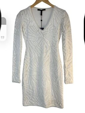 BCBGMaxAzria White Sequin V-Neck Long Sleeve Mini Dress